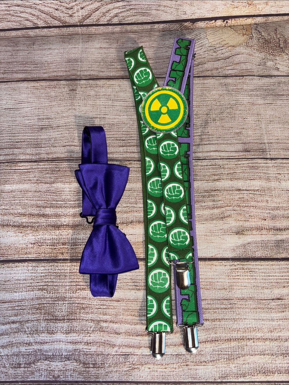 Purple Bow Tie and Green HULK Superhero Suspenders Set